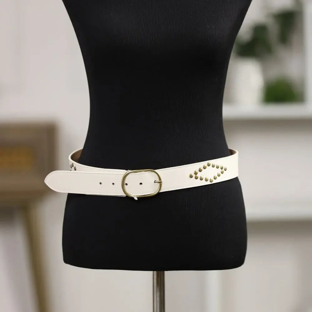 Persaman Genuine Italian Leather Belt White with Gold Stud Diamond Pattern New